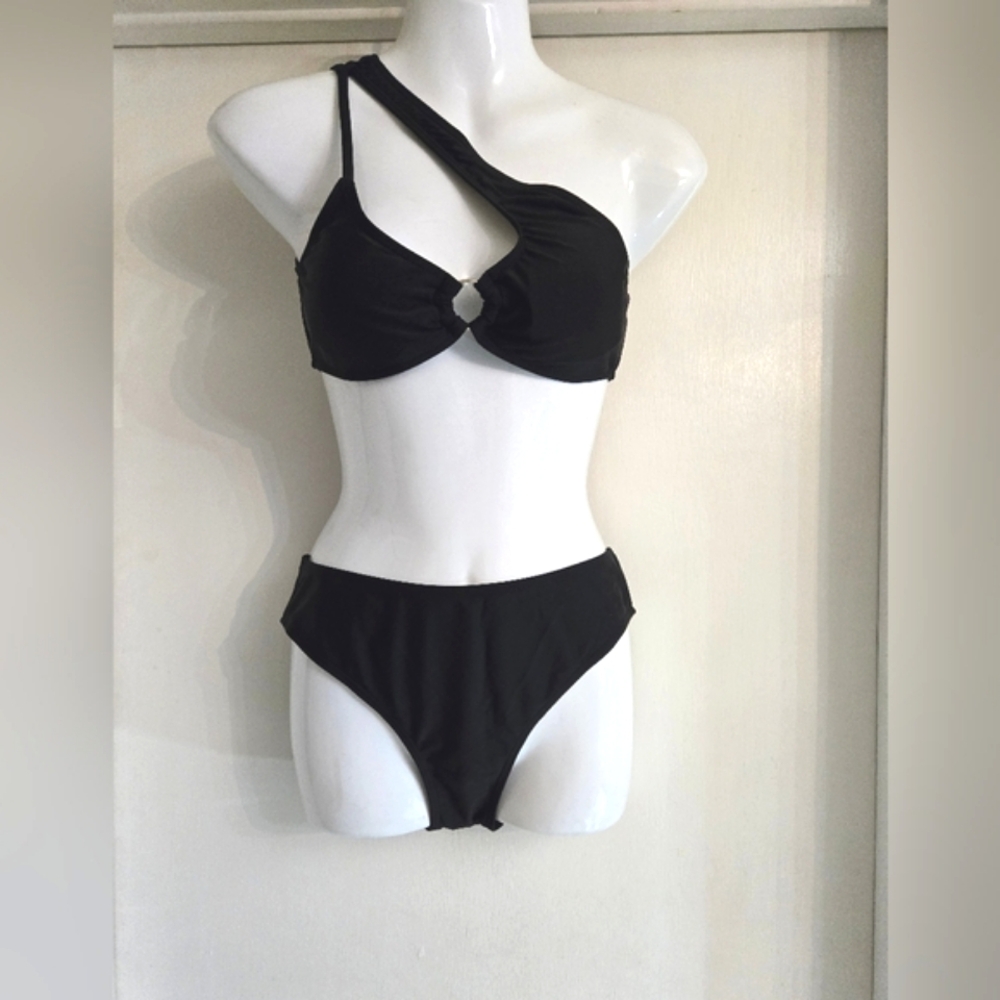 Black One-Shoulder Women's Two piece Swimwear. Women's Cut Out Black Swimsuit.